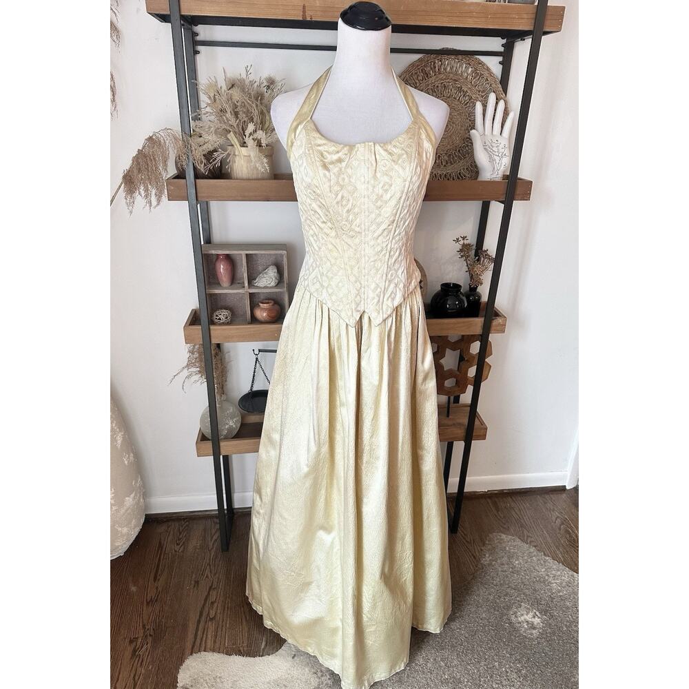 Gunne Sax Jessica McClintock Gold Tulle Corset Fairy Dress Halter Prom Size 11